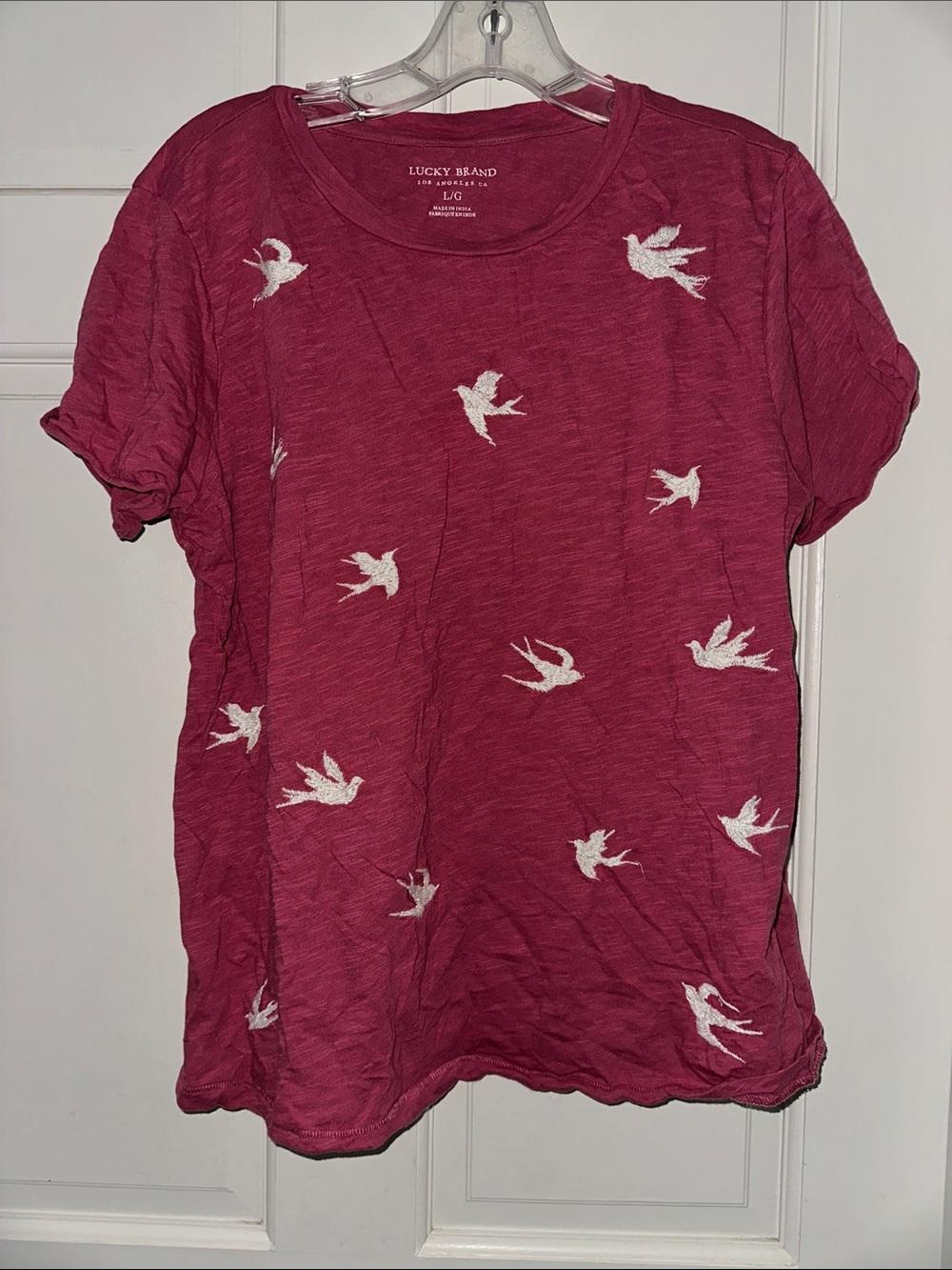 Lucky Brand Magenta Short-Sleeve Tee with White Bird Embroidery